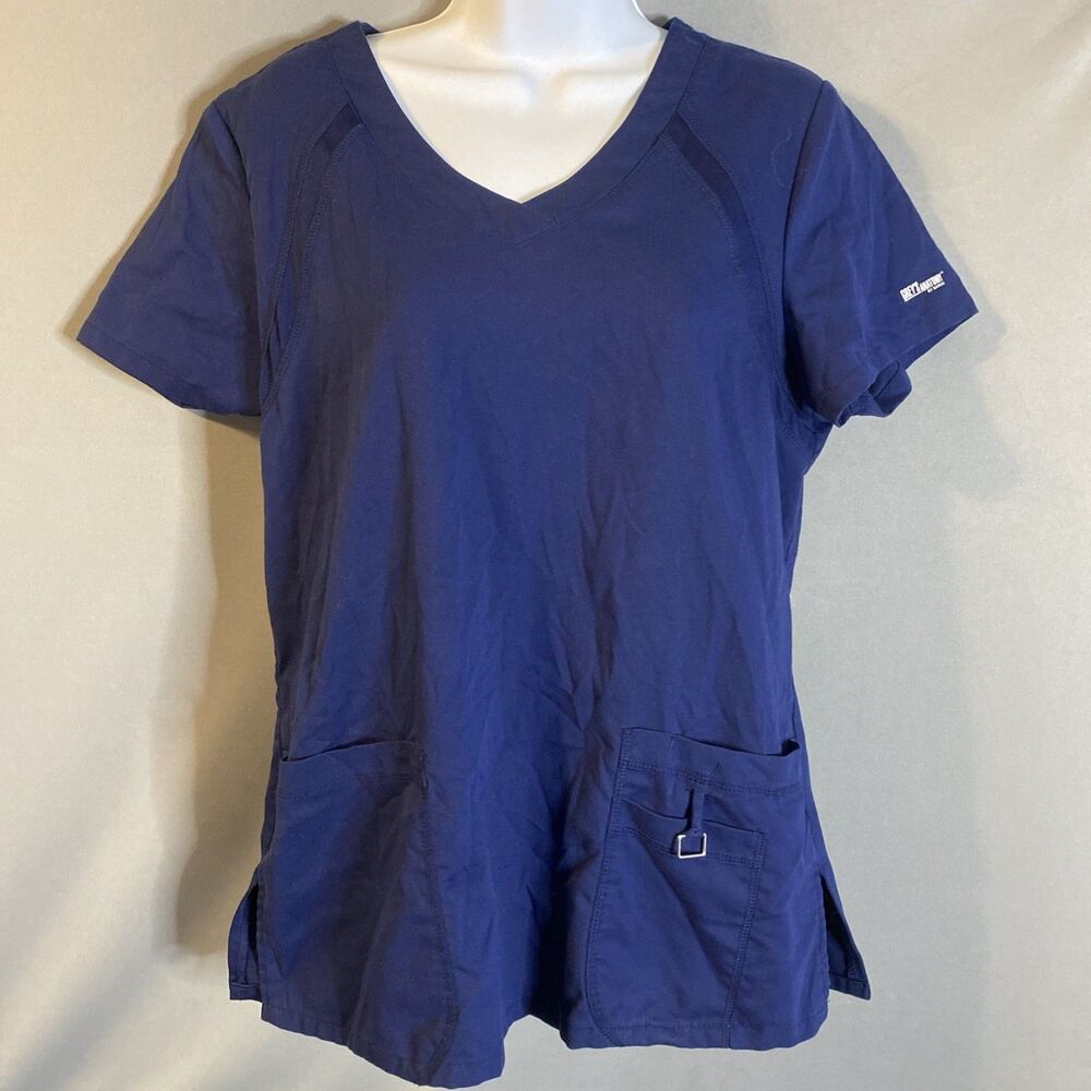 Womens Size Medium Dark Blue Scrub Top Greys Anatomy Short Sleeve Pockets V-Neck